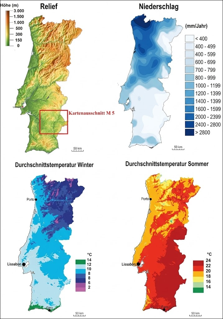 Vier Karten von Portugal: Relief, Niederschlag, Durchschnittstemperatur Winter und Sommer